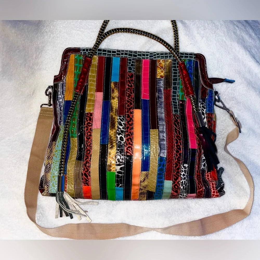 Leather Patchwork Multicolor Tote Bag Leather fringe